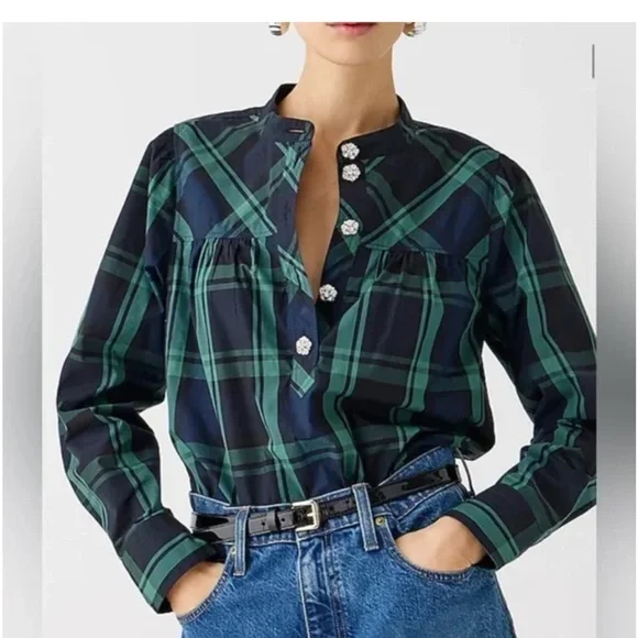 NWT J. Crew Women’s Fresco Top with Jewel Buttons Black Watch Tartan Holiday - Picture 2 of 10